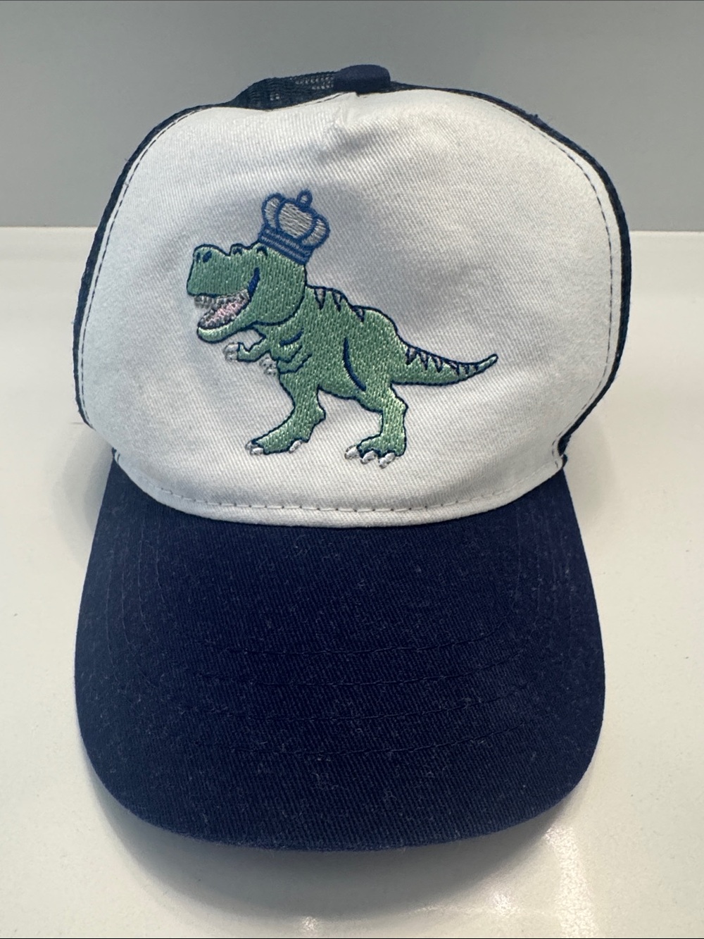 Little Crowns NYC Kids Navy and White Dino Cap with Green Embroidered Dinosaur
